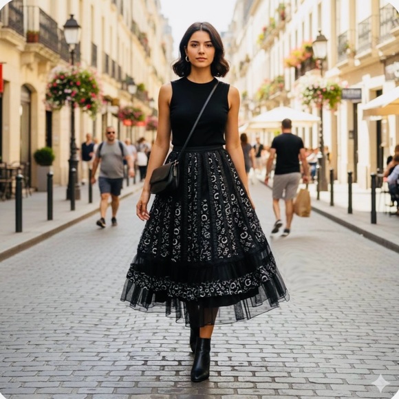 Vintage Dresses & Skirts - Vintage Black Ruffled Midi Skirt